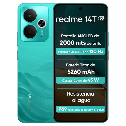 realme 14T 5G Smartphone 8 + 256 GB, chipset Dimensity 6300, Display Esports AMOLED 120Hz de 6,67", capacidade super L de 5260 mAh, IP69 impermeável, design surf verde, surf (sem adaptador) )