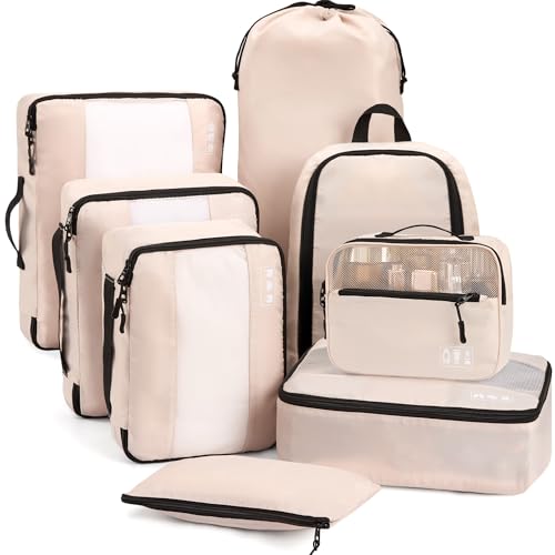 MURISE Organizador de malas de 8 peças, malas para organizar mala para viagens e férias, cubos de embalagem com bolsa para sapatos bolsa para cosméticos, acessórios de viagens, bege