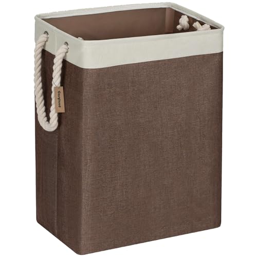COSYLAND Cesto para roupa suja 65 L dobrável com suporte de bambu e alças de corda, cesto grande para lavandaria, quarto e casa de banho – bege / castanho