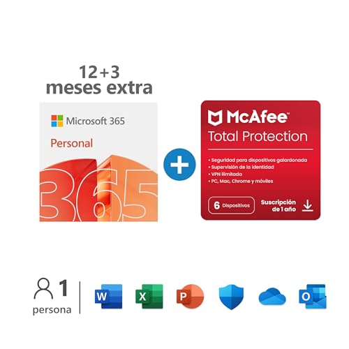 Microsoft 365 Pessoal | Apps Office 365 | PC/MAC/tablet/telemóvel, 12 + 3 meses, McAfee Total Protection 2022, 6 dispositivos, 12 meses, PC/Mac/Android/Smartphones - Código de ativação por e-mail