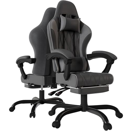 Devoko Cadeira de jogos de tecido, cadeiras de escritório ergonómicas com massageador, cadeira Gamer com estofamento de molas, com apoio de cabeça, apoio para os pés, rodas, regulável em altura