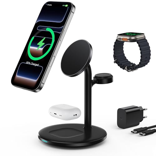 RoRoSkin Estação de carregamento indutiva 3 em 1, carregador i-Phone estação de carregamento rápido mag-Safe de 15 W para i-Phone 16, 15 e 14, carregador mag-Safe para i-Watch Ultra2/1/série 9/8