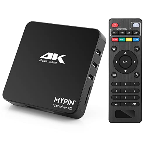 Reprodutor multimédia 4K, MYPIN Media Player HDMI 4K@60hz MP4 suporte 8 TB HDD/256G USB/cartão SD saída HDMI/AV para HDTV/PPT MKV AVI MP4 H.265 - suporte para legendas de publicidade/temperatura