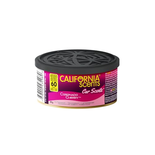 California Scents Ambientador de carro em lata premium - 4 pacotes (até 60 dias), fragrância duradoura de cereja - controlo de intensidade de odor para um ambiente fresco e personalizado no seu carro,