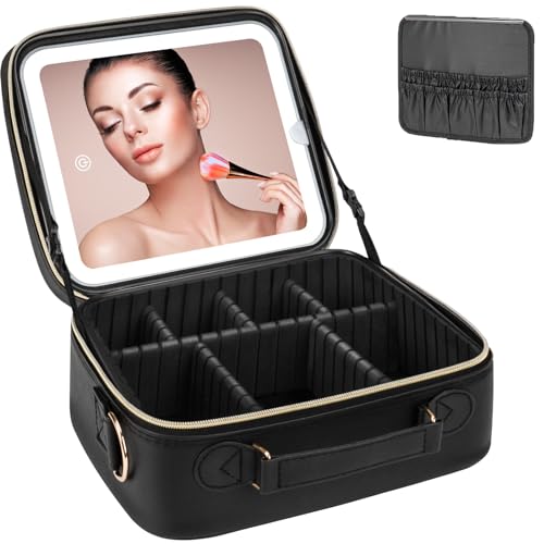 iFalarila Estojo de maquilhagem com espelho LED recarregável [3 cores e regulação contínua] bolsa de maquilhagem estojo de comboio com armazenamento de pincéis, profissional Neceser - preto