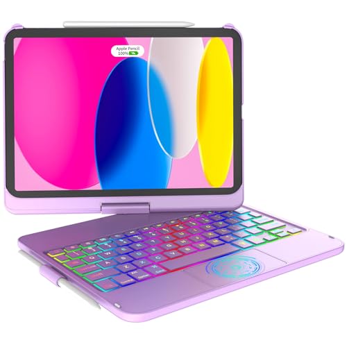 KARFUN 10,9" Capa teclado iPad 10 geração/11 geração, capa iPad A16 2025, espanhola, luz de fundo de 10 cores e capa protetora rotativa de 360 °, Touchpad inteligente