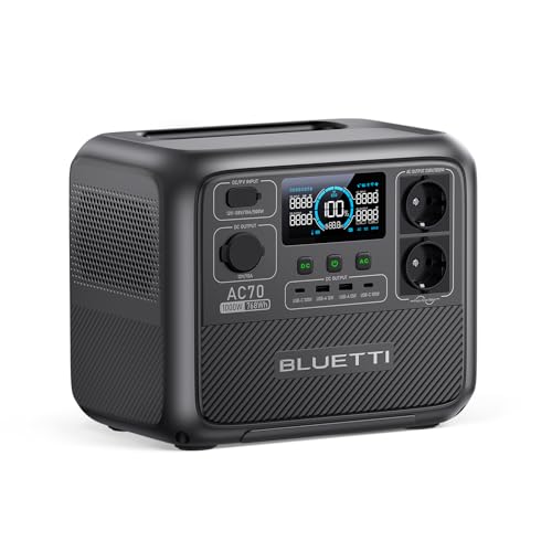 BLUETTI AC70, Gerador solar, bateria LiFePO4 de 768Wh com 2 saídas AC de 1000 W (Power Lifting 2000W), 100 W tipo-C, carregamento rápido de 45 minutos. 0-80%, para viagens, campismo, corte de energia