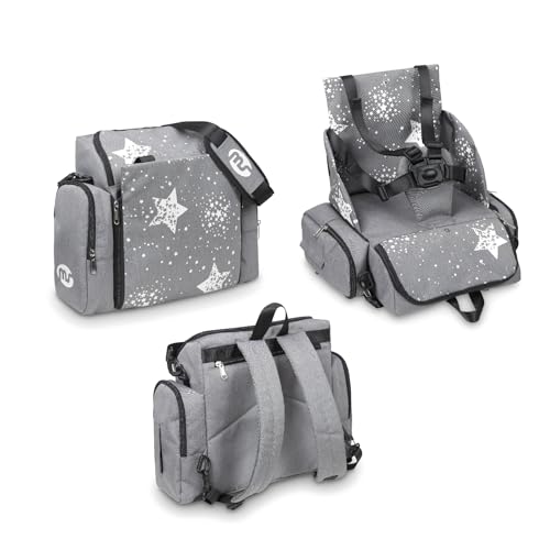 MS BabyWorld - Booster Bag Stars | Elevador de viagem portátil 2 em 1 com arnês de 5 pontos, mochila conversível em tiracolo | bolso térmico, dispensador de lenços e espaço para utensílios