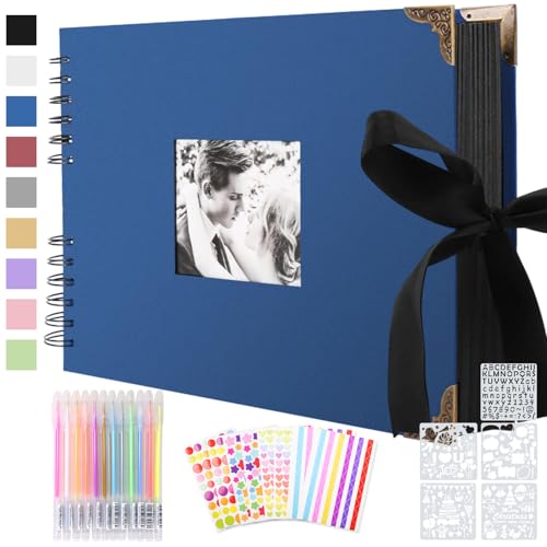 Álbum de fotos Scrapbook espiral, 80 páginas azul marinho DIY álbum conjunto com 2 peças Photo Corners, 6 peças autocolantes, 5 modelos, 12 marcadores de cores, para casamento, aniversário,