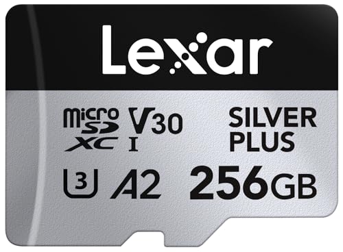 Lexar Micro SD 256 GB Silver Plus, cartão de memória micro SD com adaptador, cartão Microsdxc TF até 205 MB/s, A2, U3, classe 10, V30, Full HD e 4K UHD para câmara, telefone, consola de vídeo