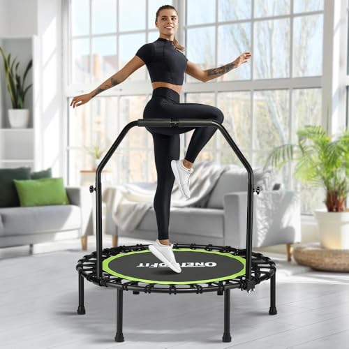 ONETWOFIT Trampolim dobrável para adultos 101/107/114 cm, mini trampolim de fitness, com pega de espuma ajustável, elásticos, exercício silencioso para interior pessoal