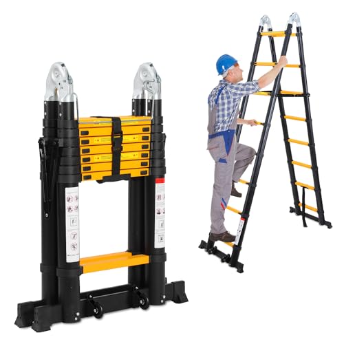 Jiubiaz Escada telescópica de 5 m (2,5 m + 2,5 m), escada de alumínio extensível com rodas e estabilizadores removíveis, moldura em A, escada multiusos portátil, carga máxima 150 kg (preto)