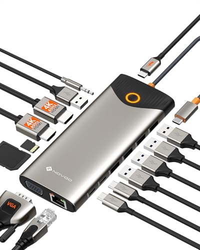 NOVOO Estação de acoplamento USB C, 15 em 1 hub USB C com adaptador HDMI duplo 4 K @ 60 Hz, portas USB C/A, 100 W PD, RJ45, SD/TF e áudio, Multiport Hub para MacBook/iPad/iPhone/DELL/HP/LP/Lenovo