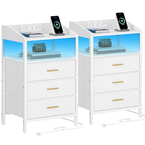 Hzuaneri Conjunto de mesas de cabeceira de 2, com luzes LED e estação de carregamento, mesa auxiliar com 3 gavetas de armazenamento de tecido, com portas USB e tomada tipo C, para quarto, branco