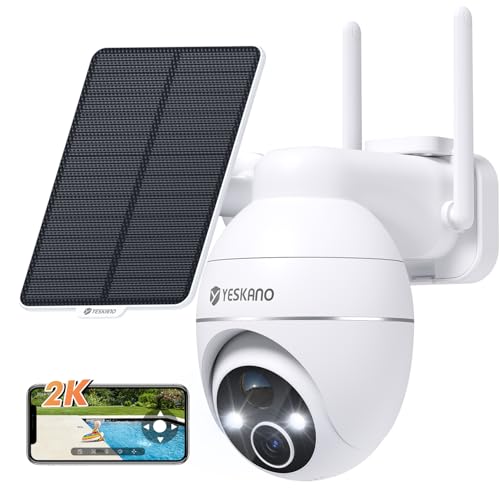 YESKANO Câmara de vigilância WiFi exterior solar, 2 K câmaras de vigilância sem cabos, 360 ° PTZ, visão noturna colorida, 2,4 GHz Wi-Fi, detecção de IA, PIR sereia, IP66 (branco)