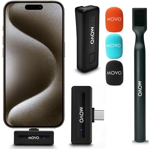 Movo Microfone sem fios Mini UC ultra compacto para iPhone 15 com adaptador de mão WMX-HM, microfone de lapela com suporte de alça para criadores de conteúdo, entrevistas, relatórios e muito mais