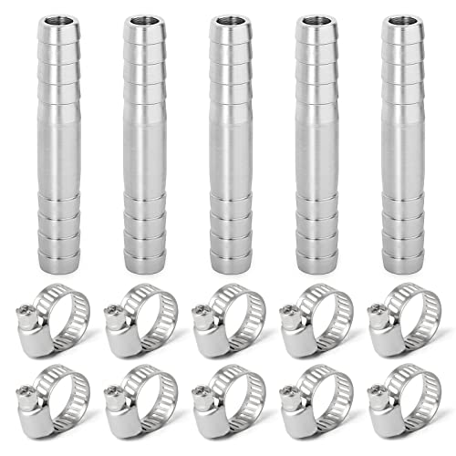 ERGAOBOY 5 peças 6 mm espiga de mangueira reta de aço inoxidável, 2 vias em forma de SUS 304 acessório de mangueira com 10 peças de abraçadeiras