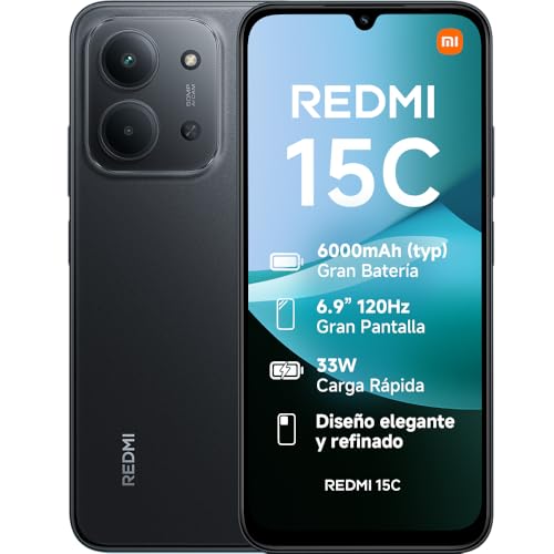 XIAOMI Redmi 15C Smartphone de 4+128 GB, câmara dupla com IA de 50 MP, ecrã imersivo de 120 Hz, potente processador octacore, carregamento rápido de 33 W, carregador não incluído, preto (versão ES)