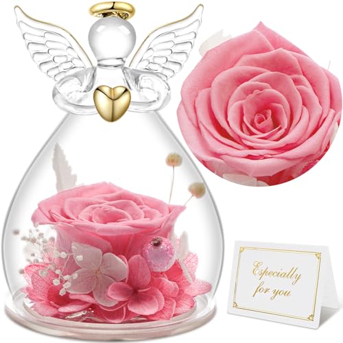 Sunia Rosa eterna presente dia da mãe, flores preservadas presente mulher, flor eterna com figura anjo dia da mãe presente, presente aniversário mulher, presente avó, rosa presentes originais para