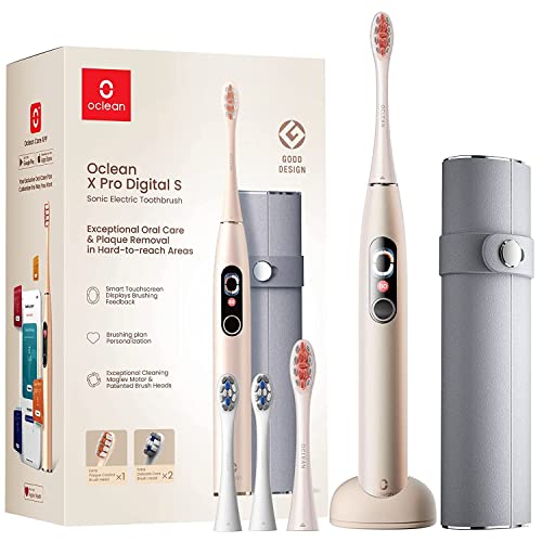 Oclean X Pro Digital Escova de dentes elétrica, 3 modos, 4 cabeças de escova e estojo de viagem, com ecrã a cores, duração da bateria 30 dias, com temporizador e aplicação, dourado