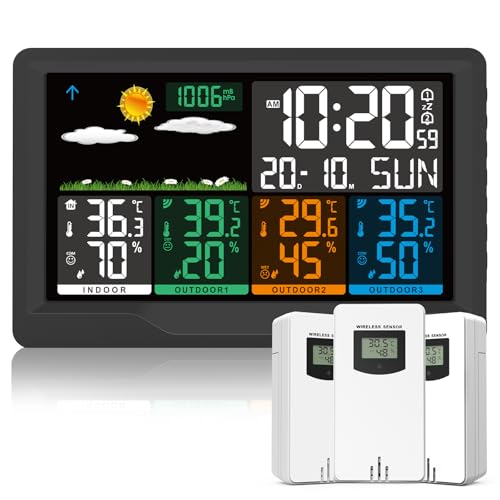 Qxmcov Estação meteorológica com 3 sensores, estação meteorológica interior exterior, higrômetro digital, ecrã LCD colorido, monitor de temperatura e humidade para casa e escritório