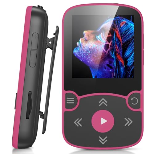 AGPTEK Reprodutor MP3 Bluetooth 5.3 Sport 64 GB com ecrã TFT a cores de 1,5 polegadas, mini reprodutor de música com clipe, suporta até 128 GB cartão SD, magenta