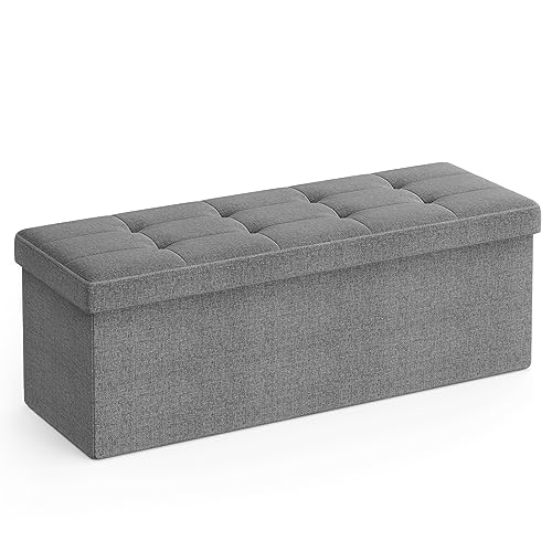 SONGMICS MAZIE Coleção - Puff de arrumação, banco dobrável, 38 x 110 x 38 cm, banco de apoio para os pés, pé de cama, suporta até 300 kg, para sala de estar, quarto, entrada, cinzento claro LSF77G