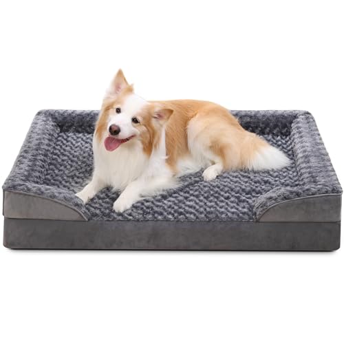 KSIIA Cama cão médio, 91 x 68 x 16 cm, colchão cão lavável e destacável, fundo antiderrapante, cama ortopédica para cães, sofá para cães com espuma de memória, cinzento, L-Plus
