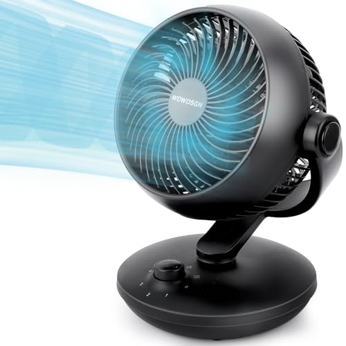 WOWDSGN Ventoinha de mesa silenciosa 24 dB, potente ventilador de circulação de ar turbo - 80 ° oscilação horizontal - ajuste vertical de 100 ° - 3 velocidades para quarto escritório cozinha - preto