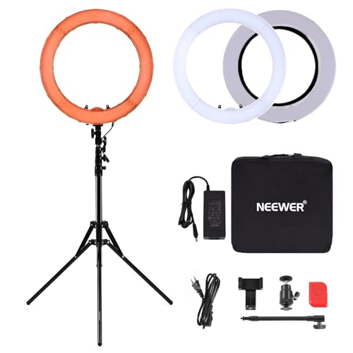 NEEWER Aro de luz com tripé e difusor: 45 cm 55 W 5600 K anel de luz regulável LED com suporte para telemóvel, luz de fotografia Ring Light para câmara profissional, luz Selfie para