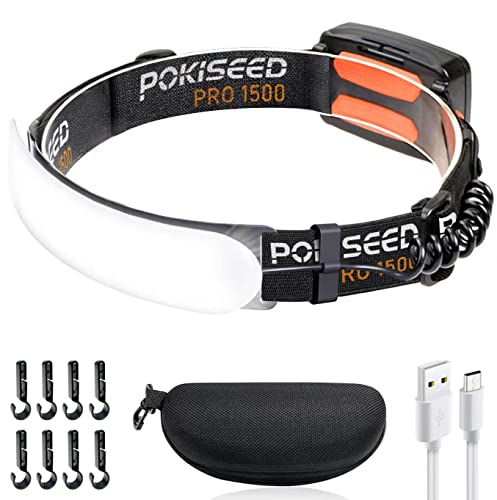 POKISEED Lanterna frontal LED recarregável, de 1500 lúmenes e 230° de feixe largo, 3 modos, IPX6 impermeável, leve, com luz traseira e clipes para campismo, corrida, pesca, com capacete rígido e