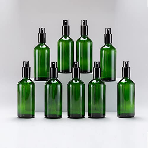 YIZHAO Pulverizador de vidro verde 100 ml, pulverizador de vidro pequeno com névoa fina, para óleo essencial, aromaterapia, perfume, limpeza, viagens, água, farmácia, laboratório, 9 unidades