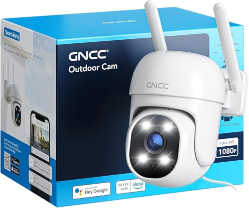 GNCC Câmara de vigilância Wi-Fi exterior 1080P para doméstico, visão noturna colorida, 360° PTZ, detecção IA, rastreamento inteligente, IP65, alarme luminoso, compatível com Alexa, 24/7, 2,4 Ghz, GK2