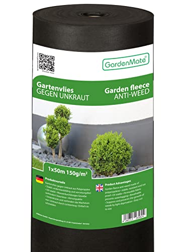 GardenMate Rolo de malha geotêxtil premium de 1 m x 50 m e 150 g/m², geotêxtil extra resistente para ervas danas, alta estabilização contra UV, permeável à água, 1 m x 50 m = 50 m²