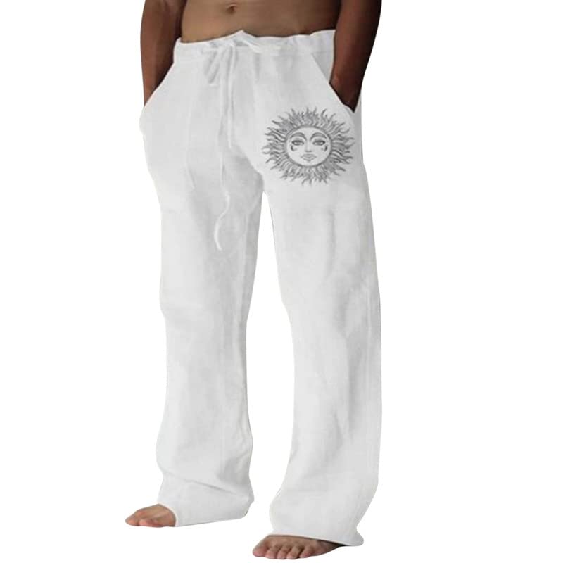 Litthing Calças de linho para homem calças de jogging algodão calças casuais de verão com bolsos calças folgadas com cordão calças confortáveis e leves