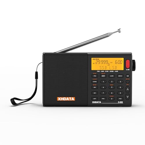 XHDATA D808 Rádio digital a pilhas, onda curta multiband, rádio, FM estéreo/SW/MW/LW SSB Air Band, RDS, rádio portátil pequena recarregável, com antena externa (preto)