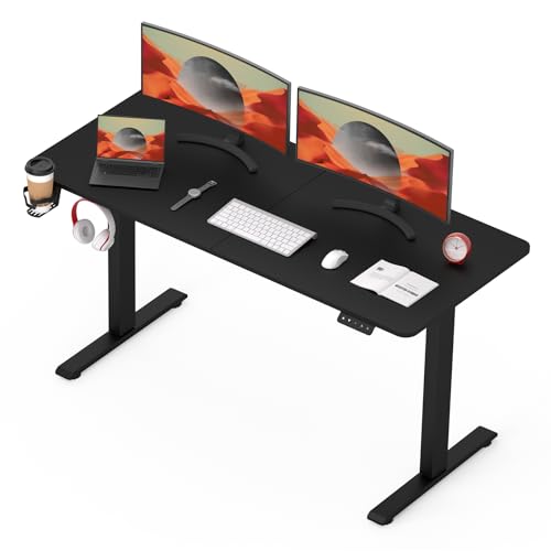 SANODESK QS + 140 x 60 cm, mesa elétrica elevável, com placa de secretária regulável em altura elétrica telescópica bidirecional com controlo de memória e tecnologia anticolisão (preto)