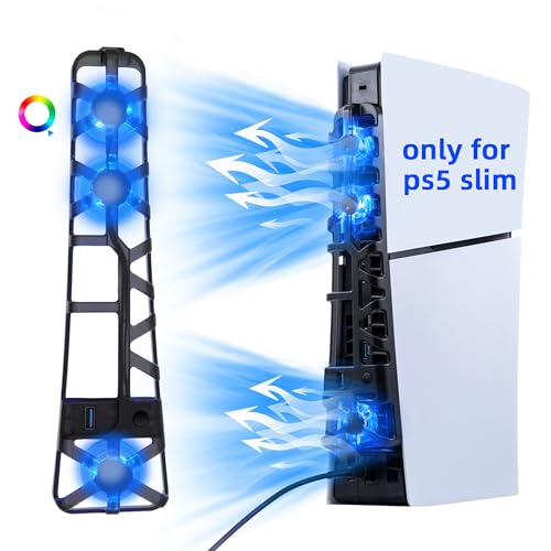 Mcbazel Ventoinha de refrigeração para PS5 Slim, luz RGB e 3 refrigeradores, dissipação de calor rápida, controlo de temperatura / arrefecimento constante compatível com a estação 5 (não para PS5/Pro)