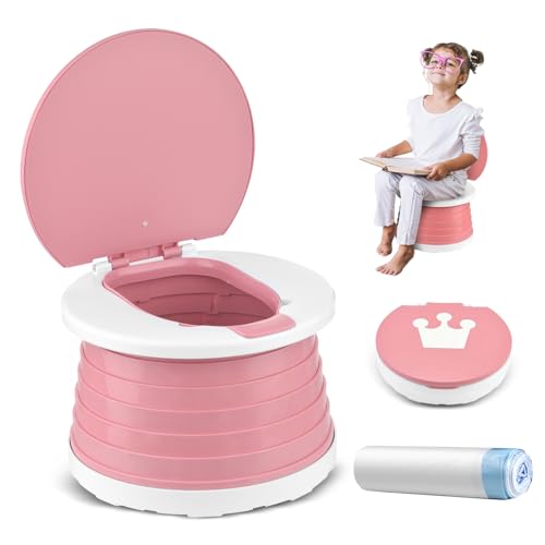 Orinais infantis urinol portátil dobrável para crianças 1-3 anos WC sanita portátil para crianças bebé sanitário dobrável Potty Training assento para viagem campismo com 15 sacos de limpeza (rosa)