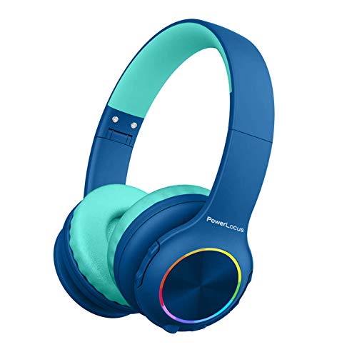 PowerLocus - Auriculares Bluetooth dobráveis sem fios para crianças com luzes LED, HD estéreo, USB-C de carregamento rápido, microfone integrado, SD modo e com cabo para iPhone/tablets/TV
