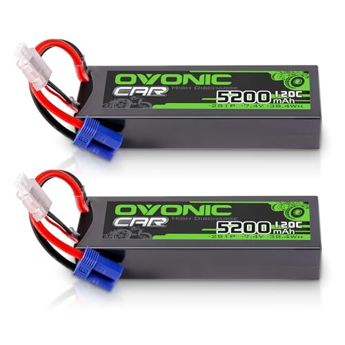 OVONIC 2s Lipo - Bateria de polímero de lítio (7,4 V, 5200 mAh, 120 C, com conector EC5, bateria de polímero de lítio, para veículos de controle remoto, camiões, quadcopter, helicópteros, camiões,