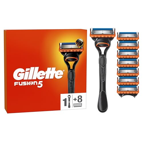 Gillette Fusion5 Máquina de barbear para homem com substituições, 1 manga, 8 lâminas com 5 folhas, faixa de gel lubrificante e aparador de precisão