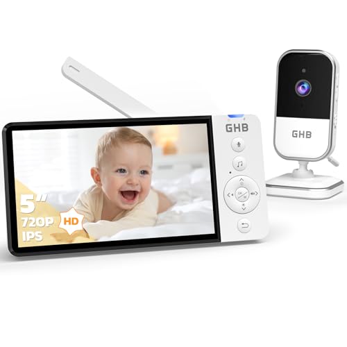 GHB Câmara de vigilância para bebé 5" 720 P HD monitor para bebés com câmara com ecrã IPS de 5000 mAh, visão noturna, comunicação bidirecional, escuta bebés, modo de poupança de energia, Zoom 4X