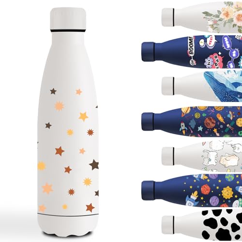 Garrafa de água de aço inoxidável 500 ml, cantil de aço inoxidável, fácil de transportar, garrafa de água personalizada, à prova de fugas, cantil infantil para a escola, viajar, branco - estrela