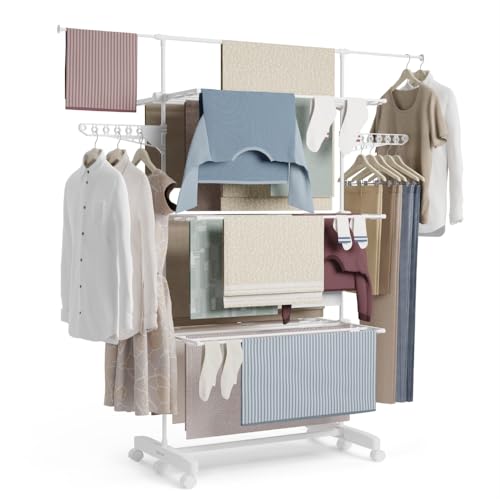NEWLUX-Estendal vertical dobrável XXL Fold Care V60 branco com rodas, 5 níveis duplos e 18-21 m de colocação. Estendal dobrável com suporte para cabides e roupas compridas de 1,5 m. Ideal como cabide