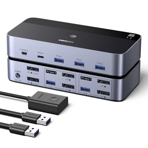 UGREEN Switch KVM DisplayPort 2 entradas 2 saídas 8K60Hz 4K240Hz dois monitores interruptor com 4 portas USB 3A1C, 5 Gbps para teclado, rato disco rígido controlador de secretária cabos USB incluídos