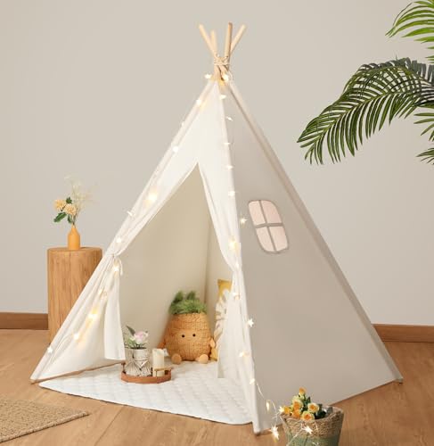 Wilwolfer Tipi infantil, 100% algodão tenda de campismo interior madeira portátil cabanas para crianças, tenda de brincar com bandeiras coloridas e bolsa de armazenamento