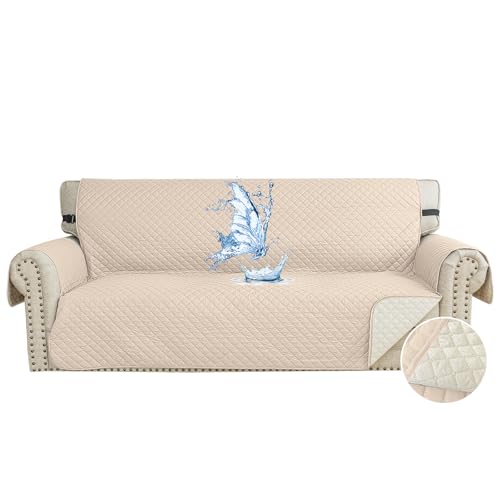 CYCMACO Capa para sofá impermeável de 3 lugares, cobre sofás anti-riscos gatos, Couch Cover antiderrapante anti-manchas, universal, com apoios de braços, lavável, bege