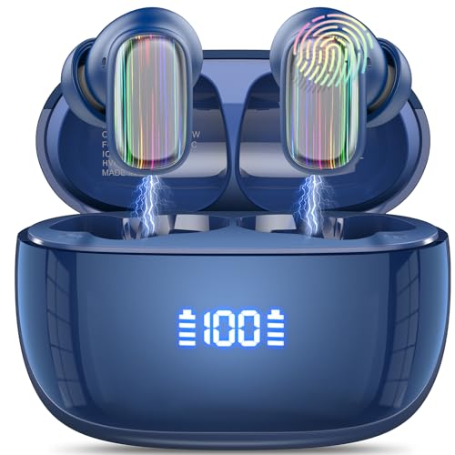 Conyat Auriculares sem fios Bluetooth, HiFi estéreo auriculares Bluetooth 5.4 com 4 Mic redução de ruído ENC, ecrã LED, 40H capacetes sem fios IP7 impermeável, carregamento rápido USB-C, azul