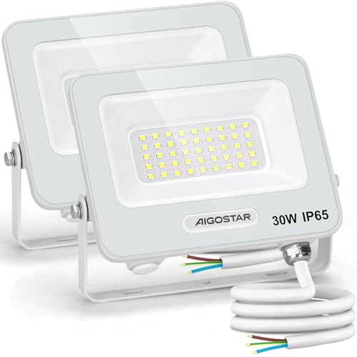 Aigostar Foco LED exterior 30 w, 2450 LM projetor de lâmpada LED, IP65 luz de segurança impermeável, luz branca 6500 K luzes led exterior, para jardim, pátio, garagem, embalagem de 2